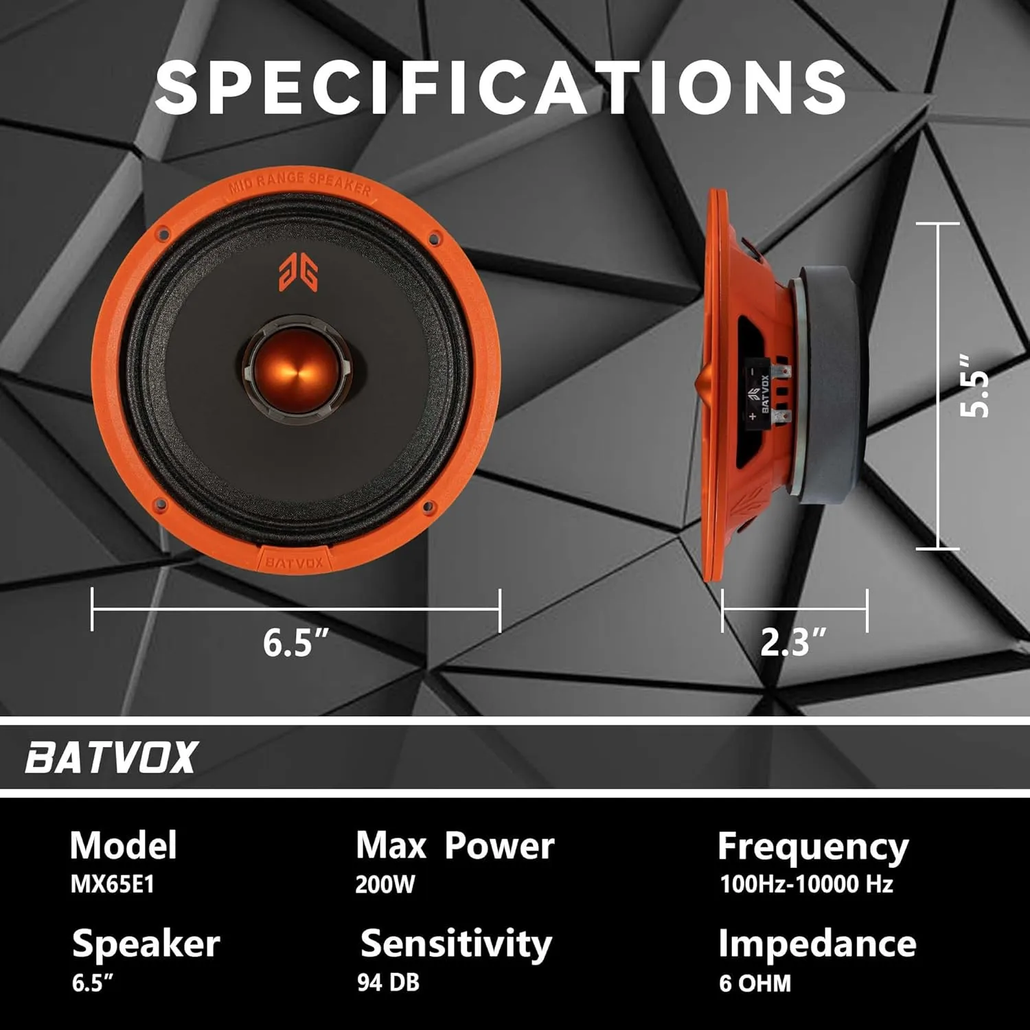 MX65E1 Loudspeaker 6.5 Inch Midrange 400 Watts 6 Ohms Orange Bullet, Premium Quality Audio Door Speakers for Car or Truck Stereo Sound System, Orange (2 Speakers)