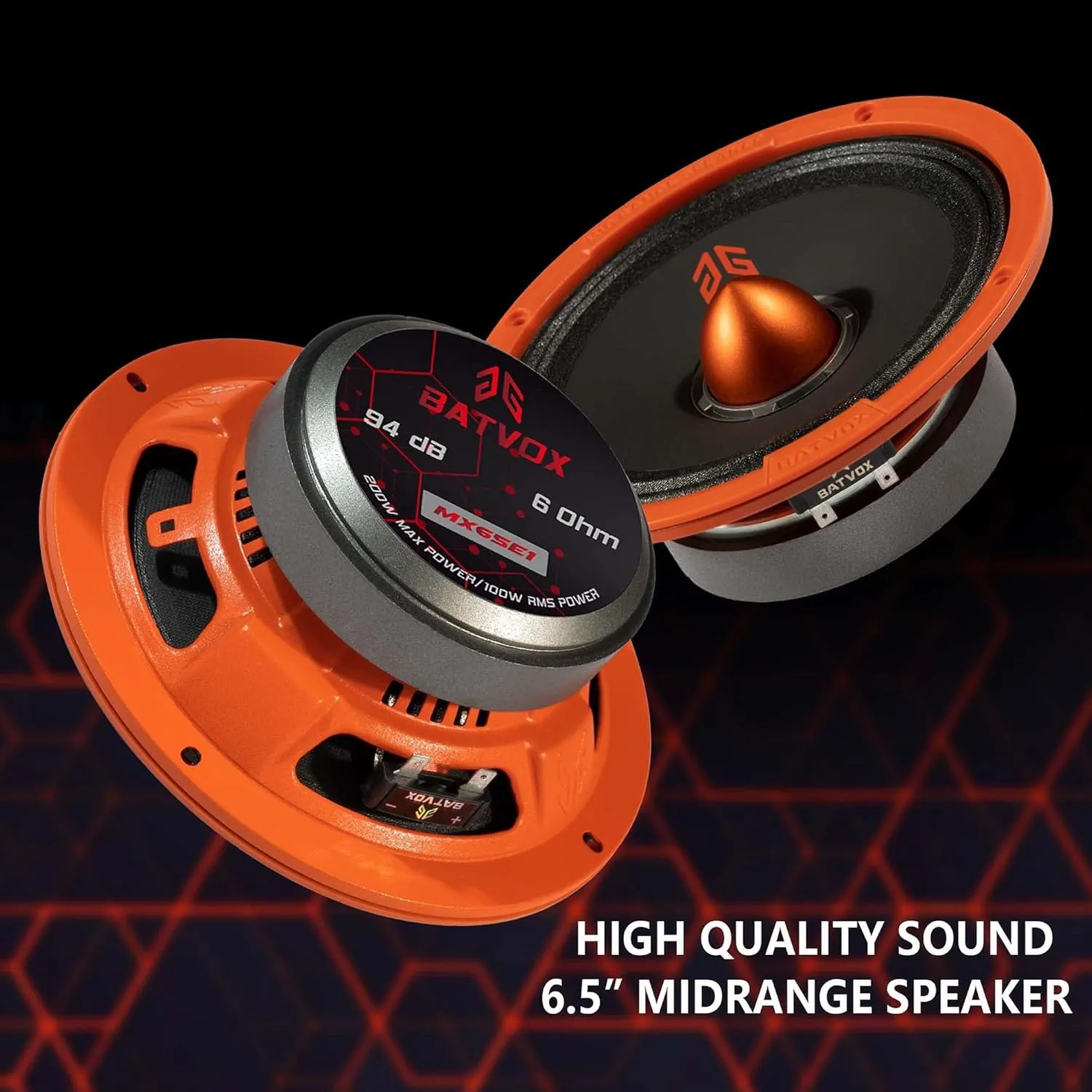 MX65E1 Loudspeaker 6.5 Inch Midrange 400 Watts 6 Ohms Orange Bullet, Premium Quality Audio Door Speakers for Car or Truck Stereo Sound System, Orange (2 Speakers)