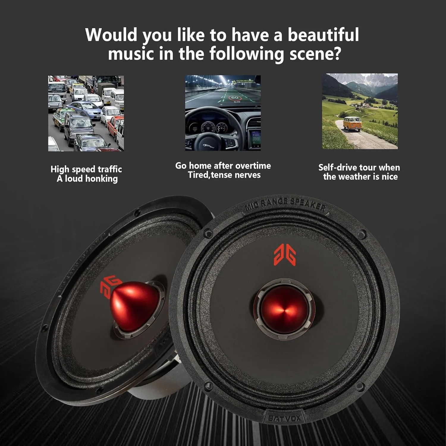 MX65E1 Loudspeaker 6.5 Inch Midrange 400 Watts 6 Ohms Red Bullet, Premium Quality Audio Door Speakers for Car or Truck Stereo Sound System, Black (2 Speakers)