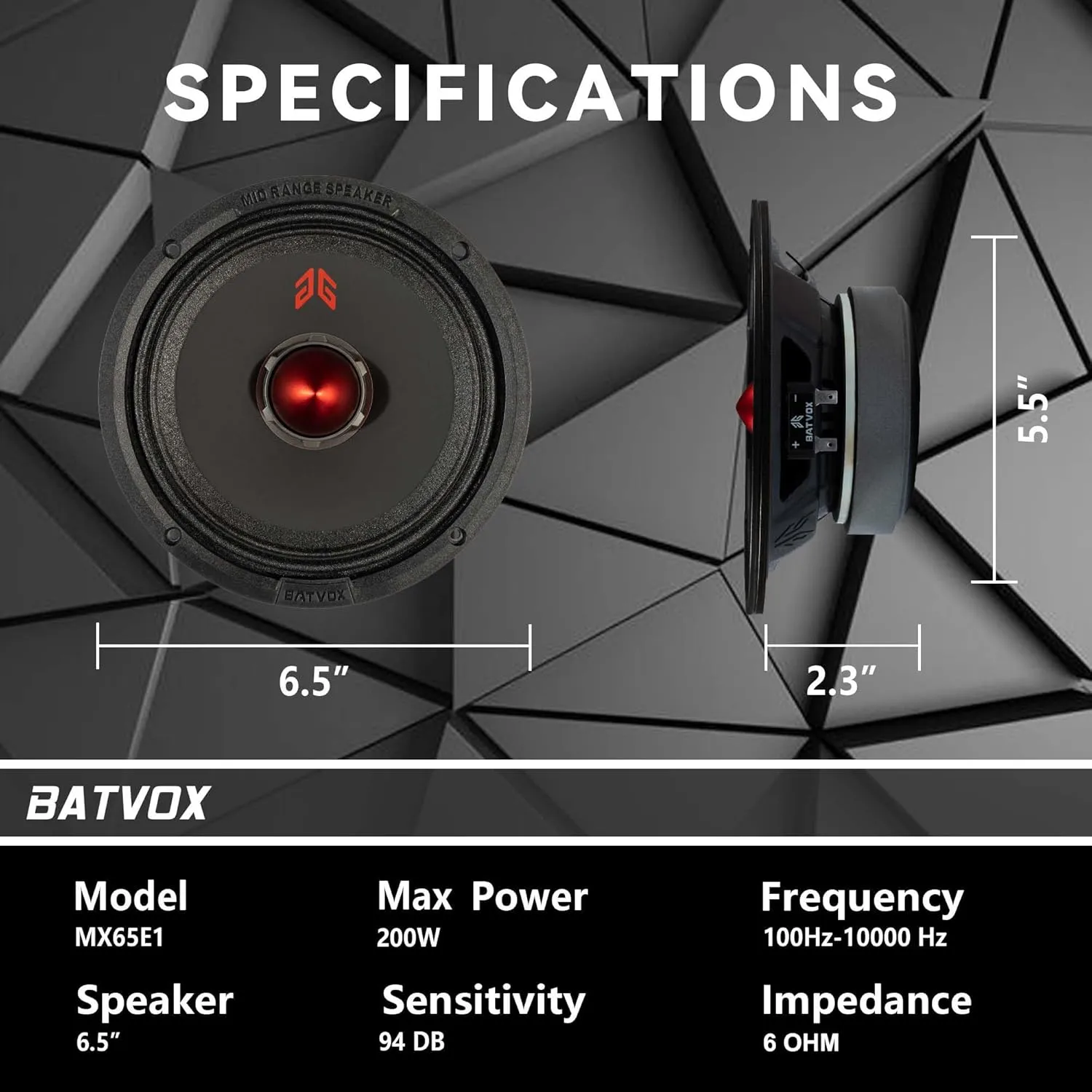 MX65E1 Loudspeaker 6.5 Inch Midrange 400 Watts 6 Ohms Red Bullet, Premium Quality Audio Door Speakers for Car or Truck Stereo Sound System, Black (2 Speakers)