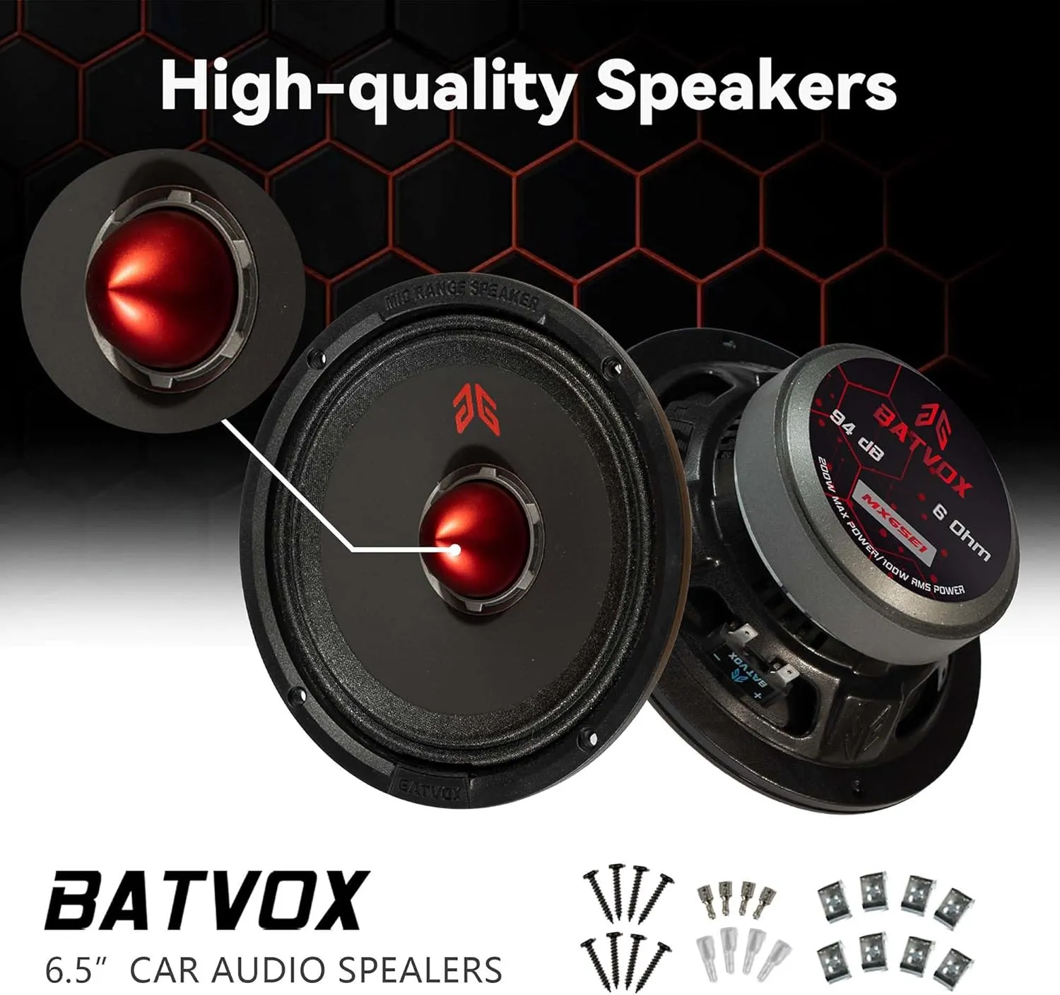 MX65E1 Loudspeaker 6.5 Inch Midrange 400 Watts 6 Ohms Red Bullet, Premium Quality Audio Door Speakers for Car or Truck Stereo Sound System, Black (2 Speakers)