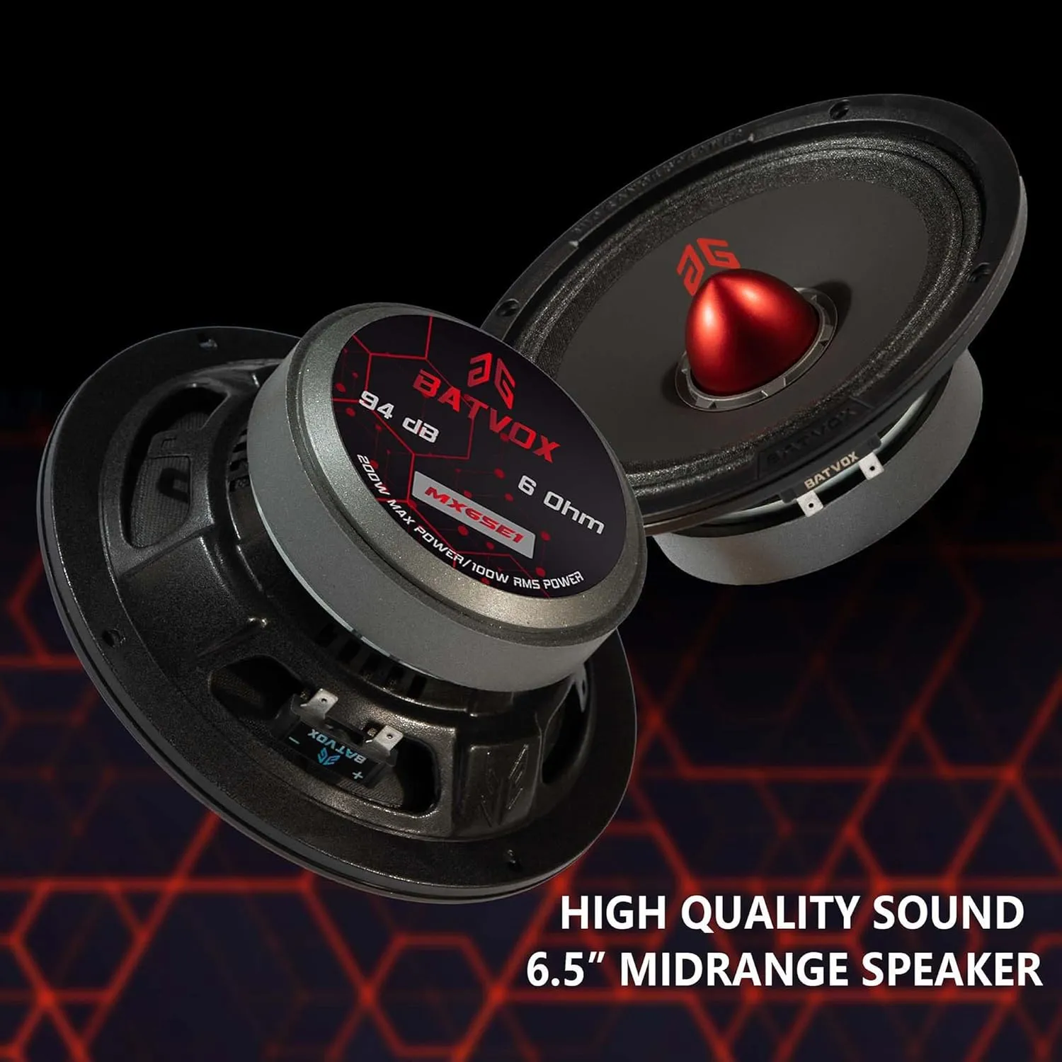 MX65E1 Loudspeaker 6.5 Inch Midrange 400 Watts 6 Ohms Red Bullet, Premium Quality Audio Door Speakers for Car or Truck Stereo Sound System, Black (2 Speakers)