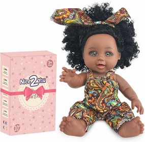 Nice2you Black Baby Doll, 10 inch American African Black Girl Doll with Dress, Realistic Reborn Baby Doll for Kids Aged 2 3 4 5 6, Silicone Small Black Doll Toy with Curly Hair for Birthday Gift