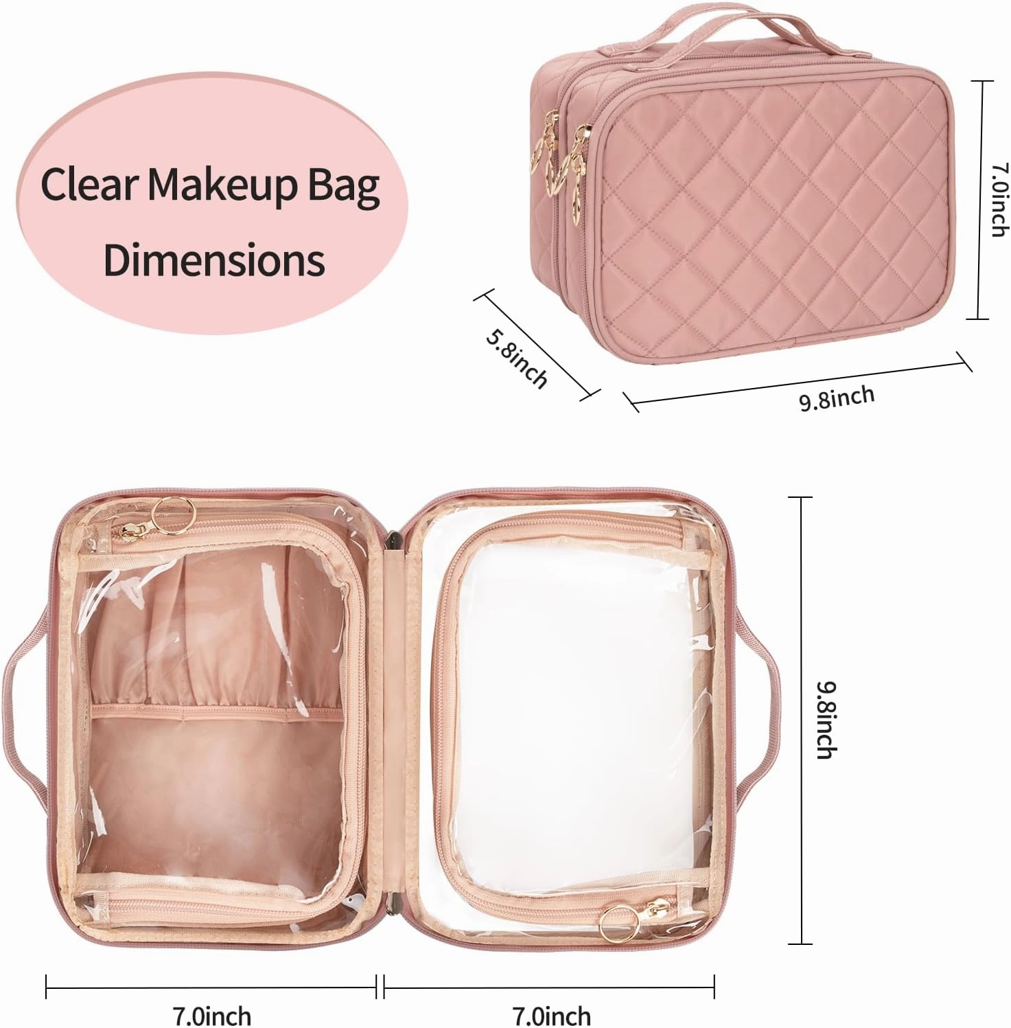 OCHEAL Makeup Bag, Double Layer Cosmetic Bag, Large Capacity New Look Clear Cosmetic Case for Women Travel Beauty Essentials, Multiple Compartments Makeup Case Organizer Zipper Pouch -Nude Pink