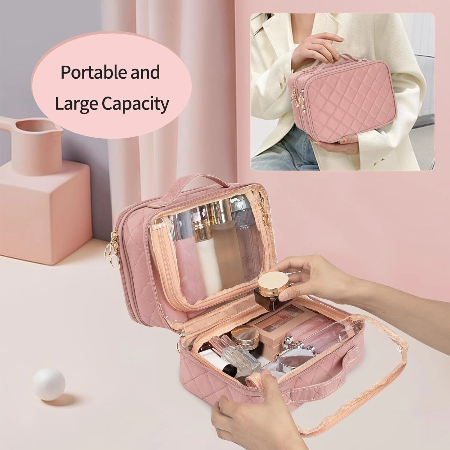 OCHEAL Makeup Bag, Double Layer Cosmetic Bag, Large Capacity New Look Clear Cosmetic Case for Women Travel Beauty Essentials, Multiple Compartments Makeup Case Organizer Zipper Pouch -Nude Pink