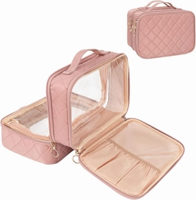 OCHEAL Makeup Bag, Double Layer Cosmetic Bag, Large Capacity New Look Clear Cosmetic Case for Women Travel Beauty Essentials, Multiple Compartments Makeup Case Organizer Zipper Pouch -Nude Pink