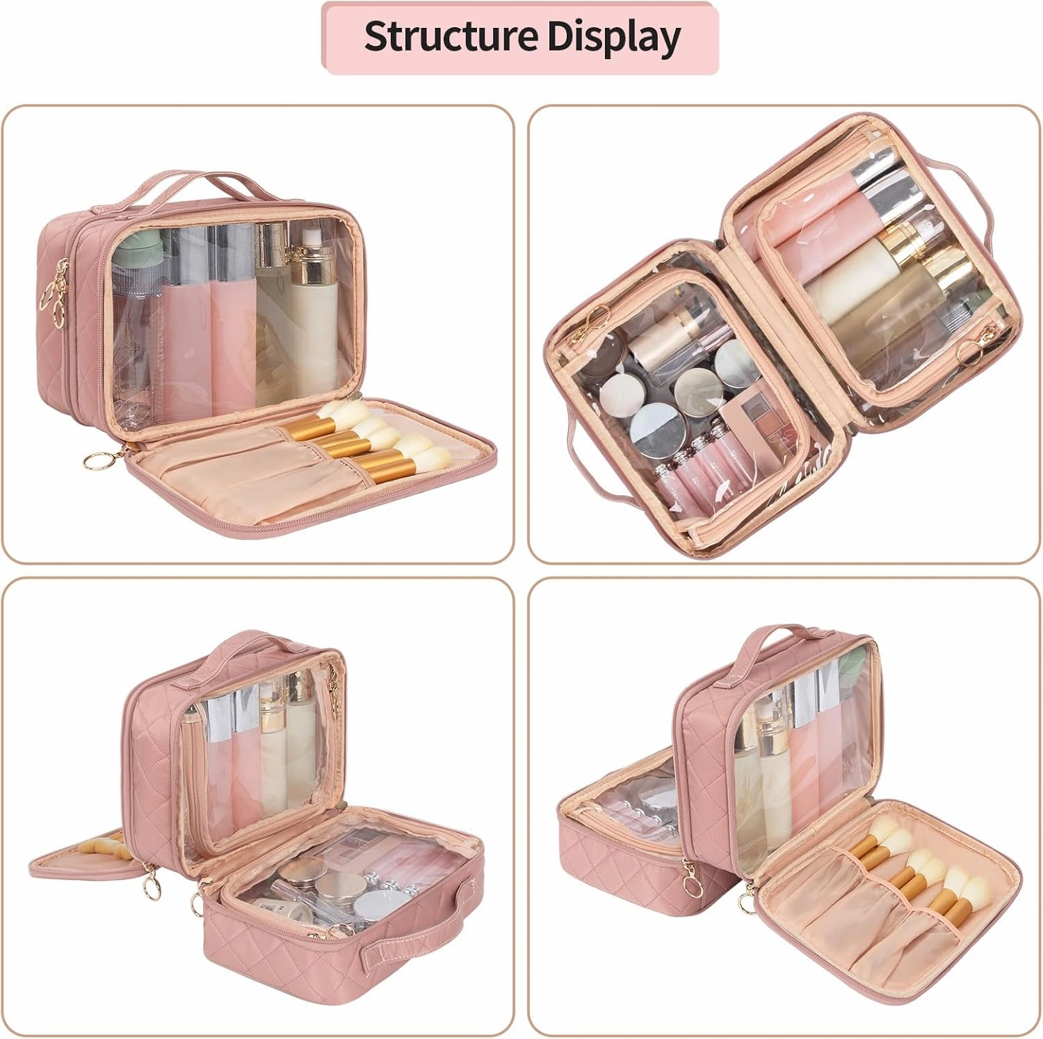 OCHEAL Makeup Bag, Double Layer Cosmetic Bag, Large Capacity New Look Clear Cosmetic Case for Women Travel Beauty Essentials, Multiple Compartments Makeup Case Organizer Zipper Pouch -Nude Pink