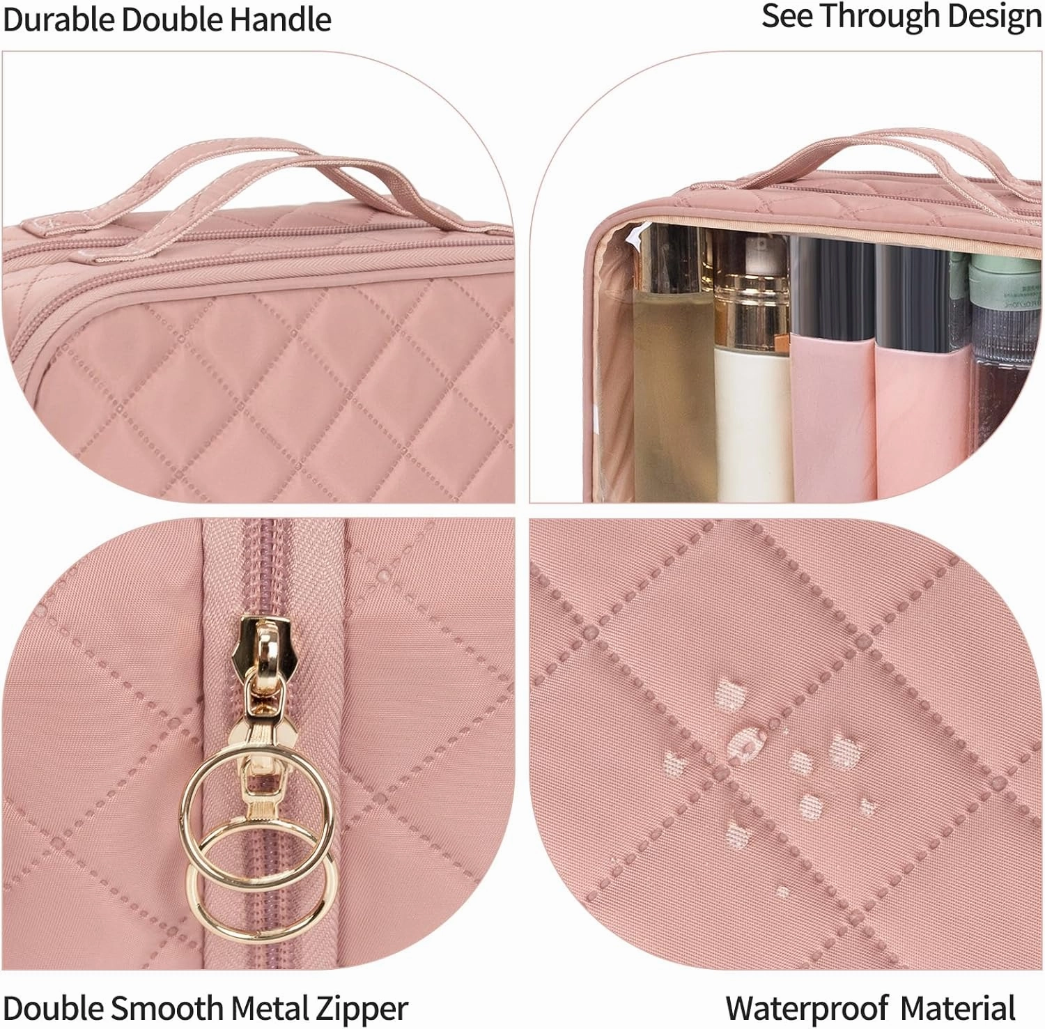 OCHEAL Makeup Bag, Double Layer Cosmetic Bag, Large Capacity New Look Clear Cosmetic Case for Women Travel Beauty Essentials, Multiple Compartments Makeup Case Organizer Zipper Pouch -Nude Pink