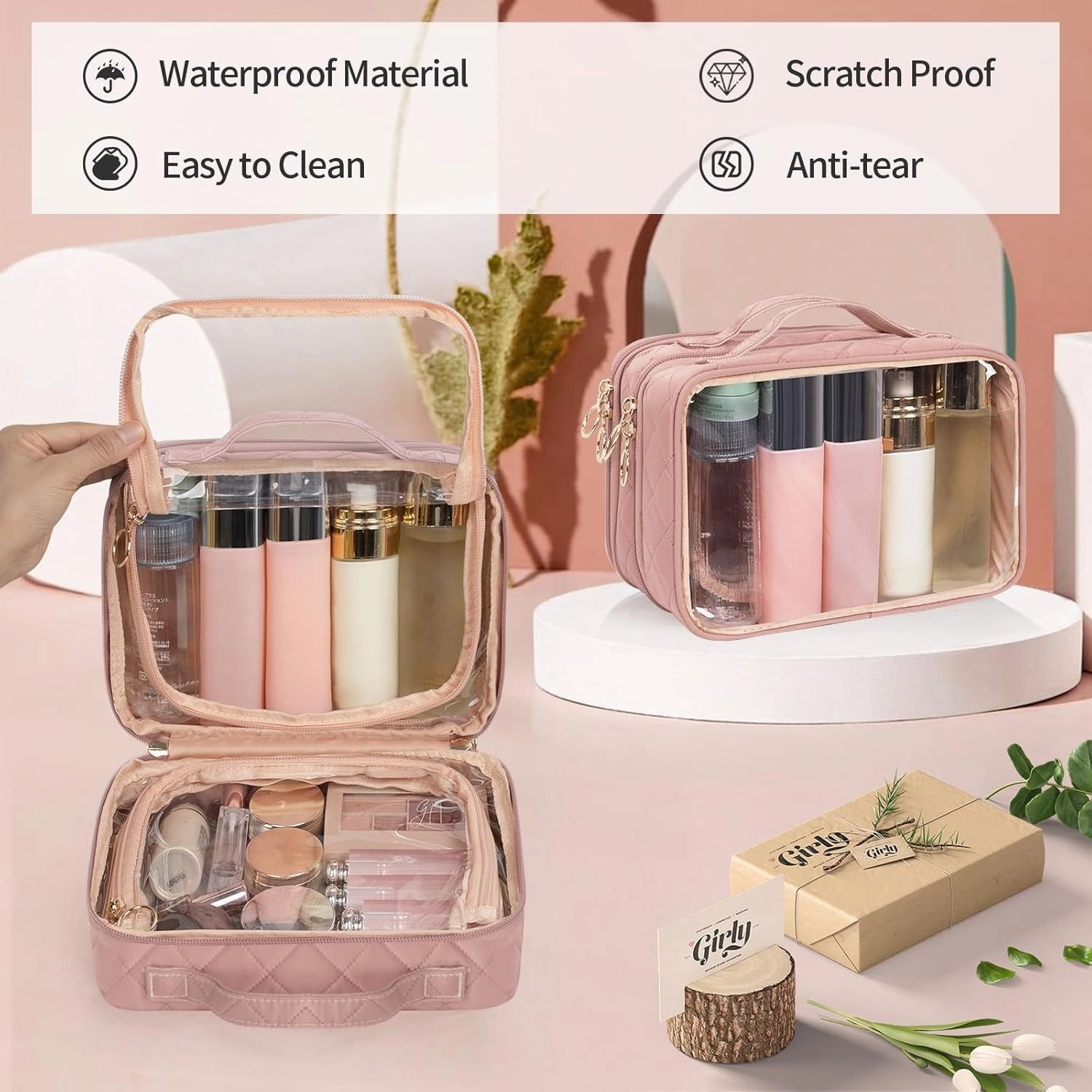 OCHEAL Makeup Bag, Double Layer Cosmetic Bag, Large Capacity New Look Clear Cosmetic Case for Women Travel Beauty Essentials, Multiple Compartments Makeup Case Organizer Zipper Pouch -Nude Pink