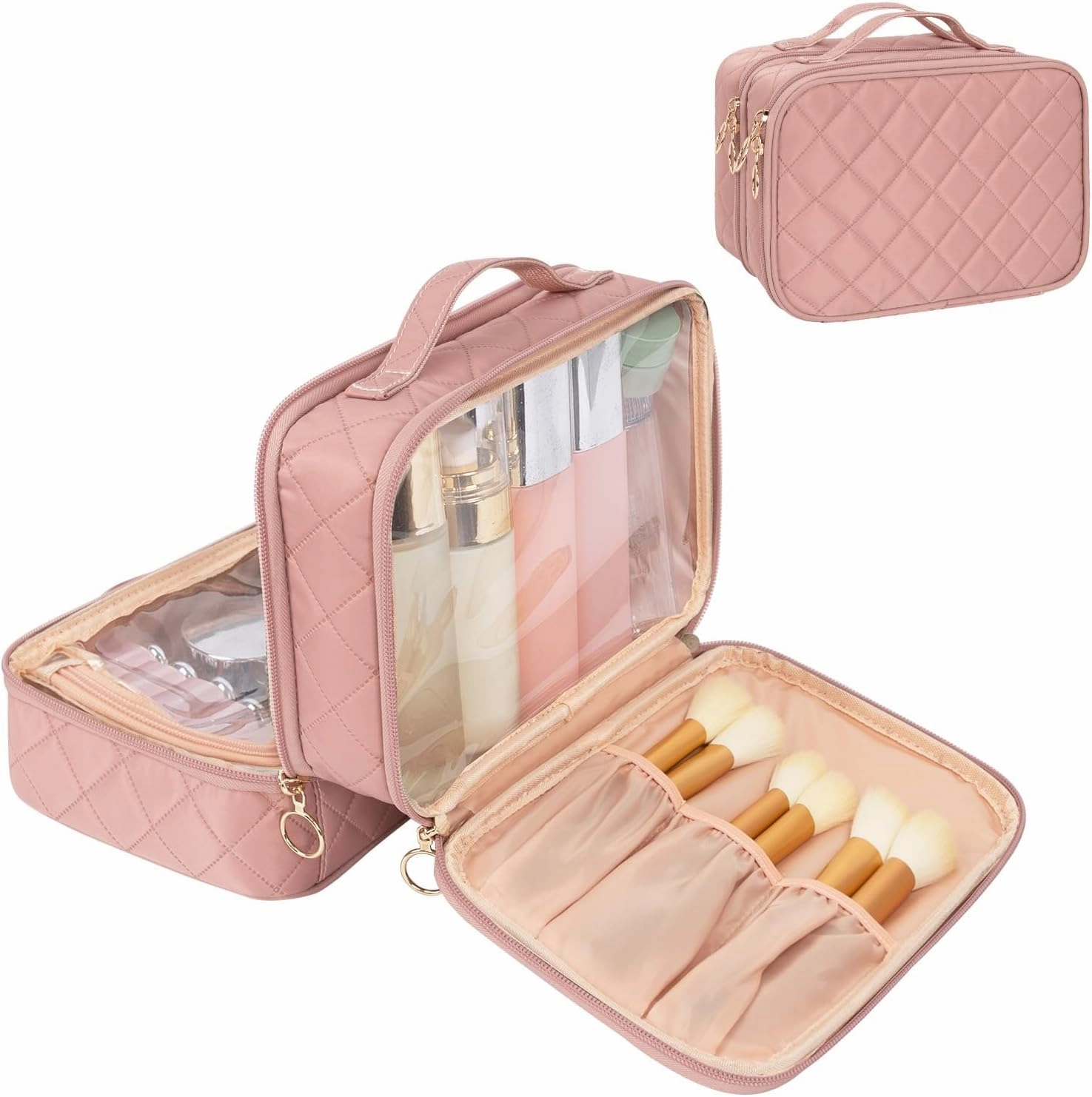 OCHEAL Makeup Bag, Double Layer Cosmetic Bag, Large Capacity New Look Clear Cosmetic Case for Women Travel Beauty Essentials, Multiple Compartments Makeup Case Organizer Zipper Pouch -Nude Pink