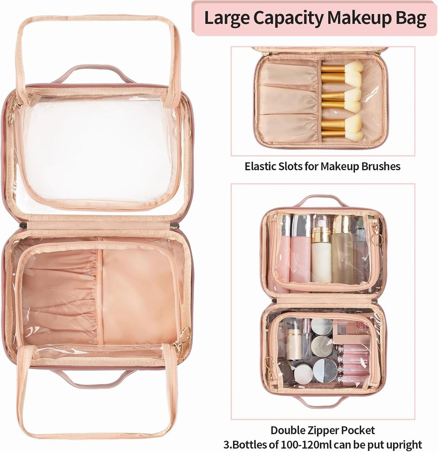 OCHEAL Makeup Bag, Double Layer Cosmetic Bag, Large Capacity New Look Clear Cosmetic Case for Women Travel Beauty Essentials, Multiple Compartments Makeup Case Organizer Zipper Pouch -Nude Pink