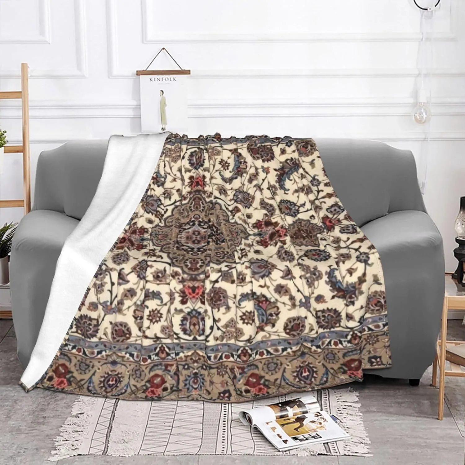 Oriental Floral Persian 50"X40" Flannel Blanket - 100% Soft Polyester, Lightweight and Warm, Suitable for Families, Camping, Travel