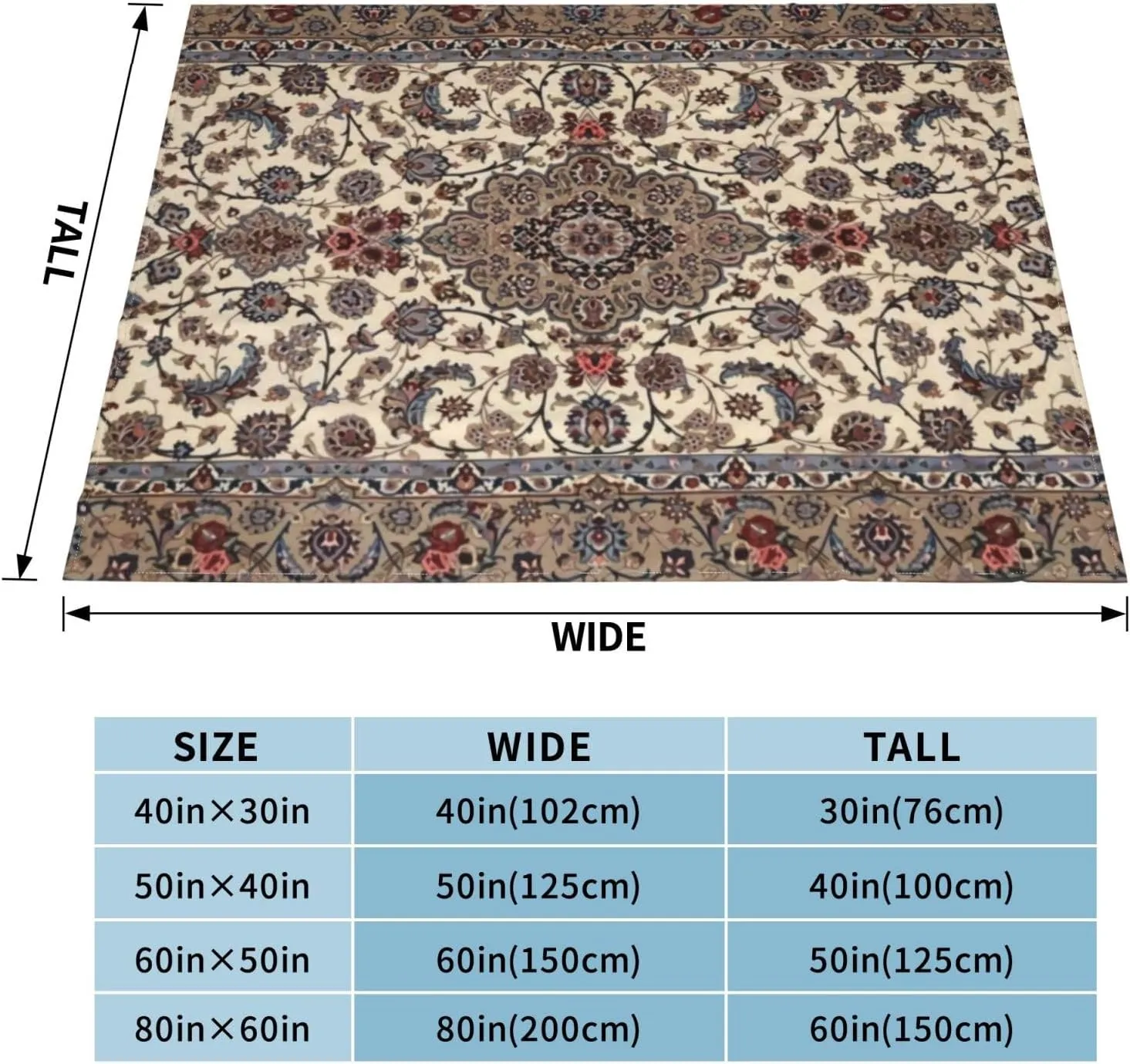 Oriental Floral Persian 50"X40" Flannel Blanket - 100% Soft Polyester, Lightweight and Warm, Suitable for Families, Camping, Travel