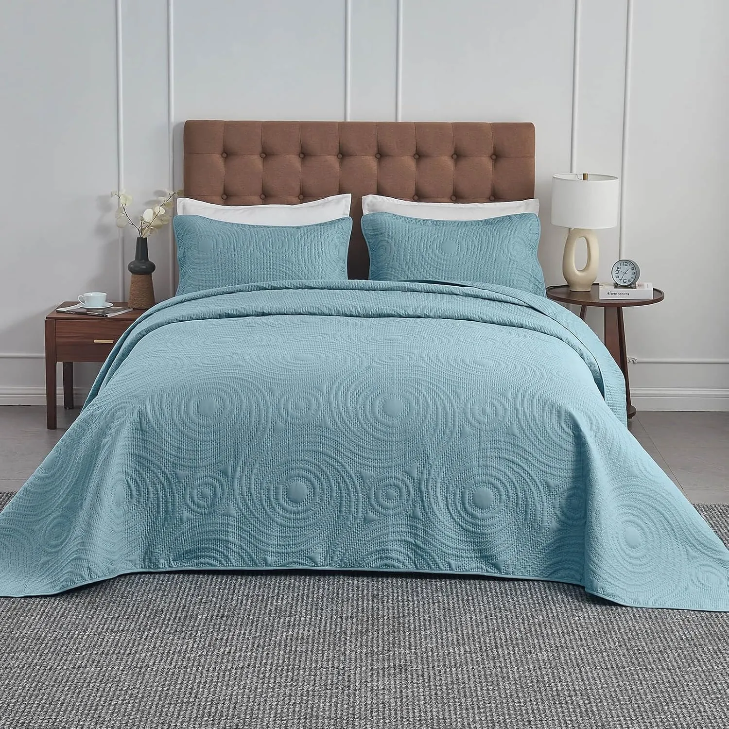 Oversized King Bedspreads 128x120 Lightweight Quilt Set for Extra Tall Wide King or Cal King Bed Includes 1 Quilt 2 Pillow Shams Blue