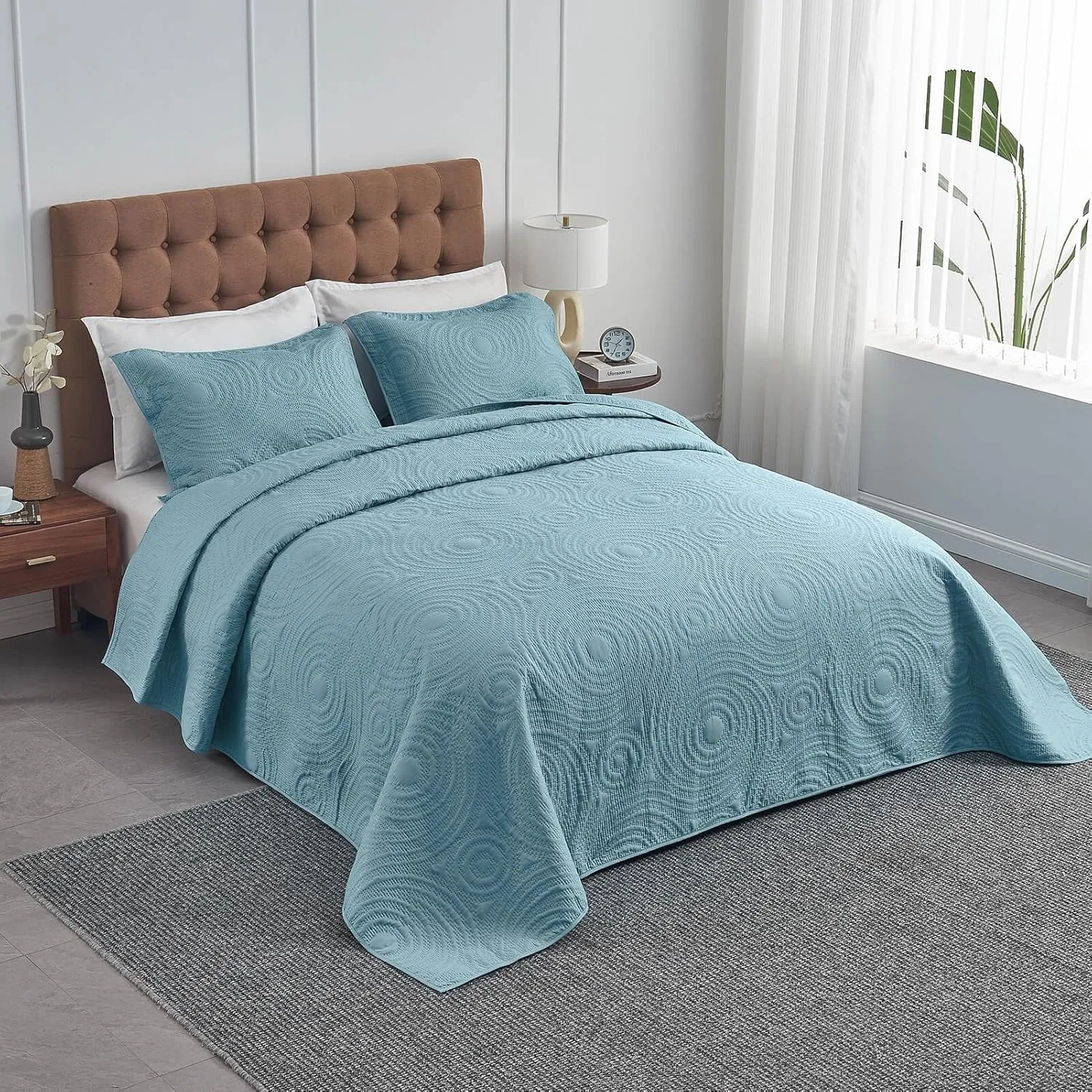 Oversized King Bedspreads 128x120 Lightweight Quilt Set for Extra Tall Wide King or Cal King Bed Includes 1 Quilt 2 Pillow Shams Blue