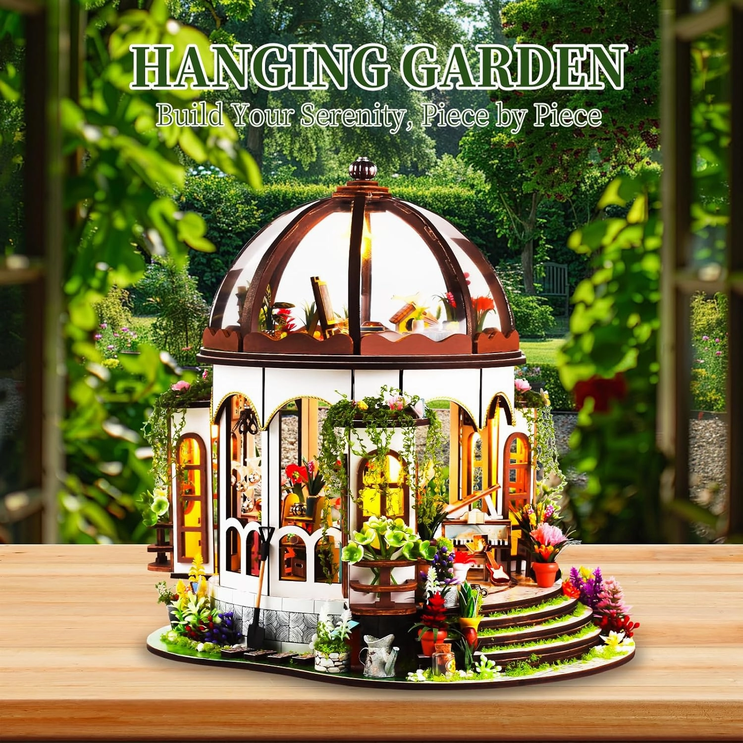 OZJAY DIY Miniature House Kit, Mini House Building Kit with LED, DIY Wooden Dollhouse Miniature Kit for Adults Teen, Wooden Crafts Lovely Dollhouse Kit, Hanging Garden