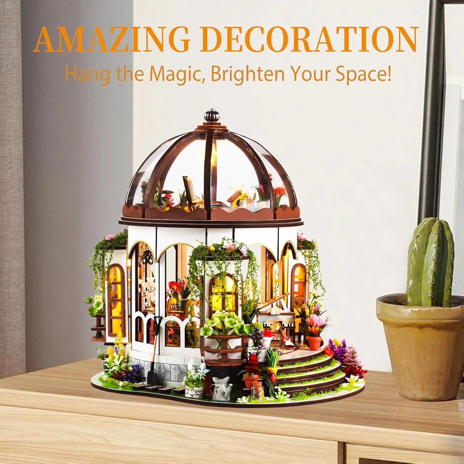 OZJAY DIY Miniature House Kit, Mini House Building Kit with LED, DIY Wooden Dollhouse Miniature Kit for Adults Teen, Wooden Crafts Lovely Dollhouse Kit, Hanging Garden
