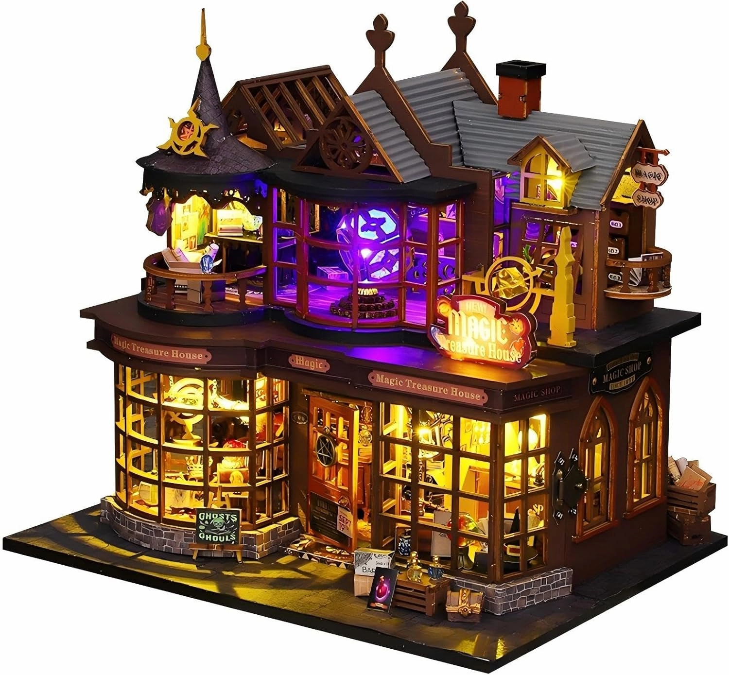 OZJAY DIY Miniature House Kit, Tiny House Kit with Dust Proof Cover & Music Movement, DIY Wooden Dollhouse Miniature Kit for Adults Teen, Open Door Design Model Magic Treasure House Kit, Home Decor