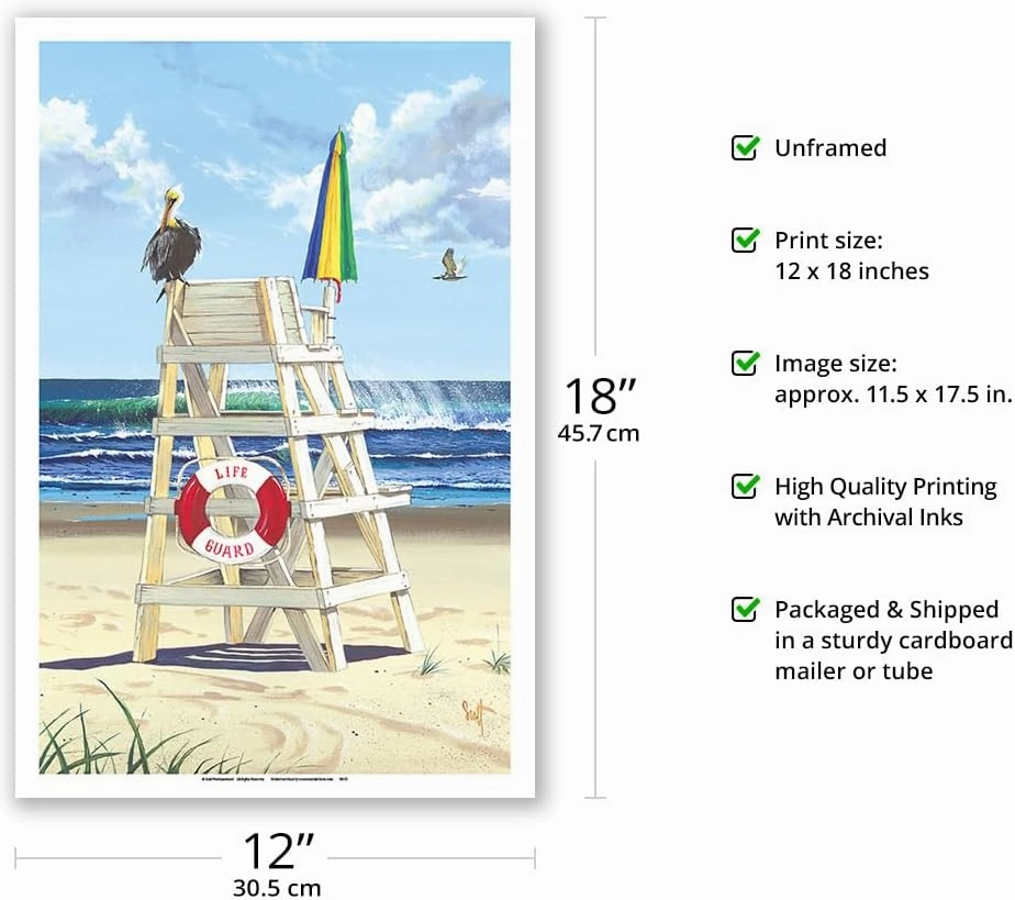 Pelican Perch - Life Guard Stand - From an Original Color Painting by Scott Westmoreland - Master Art Print (Unframed) 12in x 18in