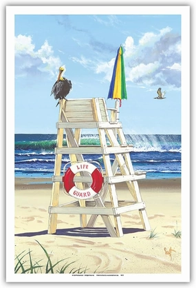 Pelican Perch - Life Guard Stand - From an Original Color Painting by Scott Westmoreland - Master Art Print (Unframed) 12in x 18in