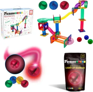 PicassoTiles 50PC Marble Run Race Track   4PC LED Light-Up Glow in The Dark Translucent Balls: STEAM Educational Playset for Kids - Fun Learning Construction Toy, Creative Design, Sensory Development