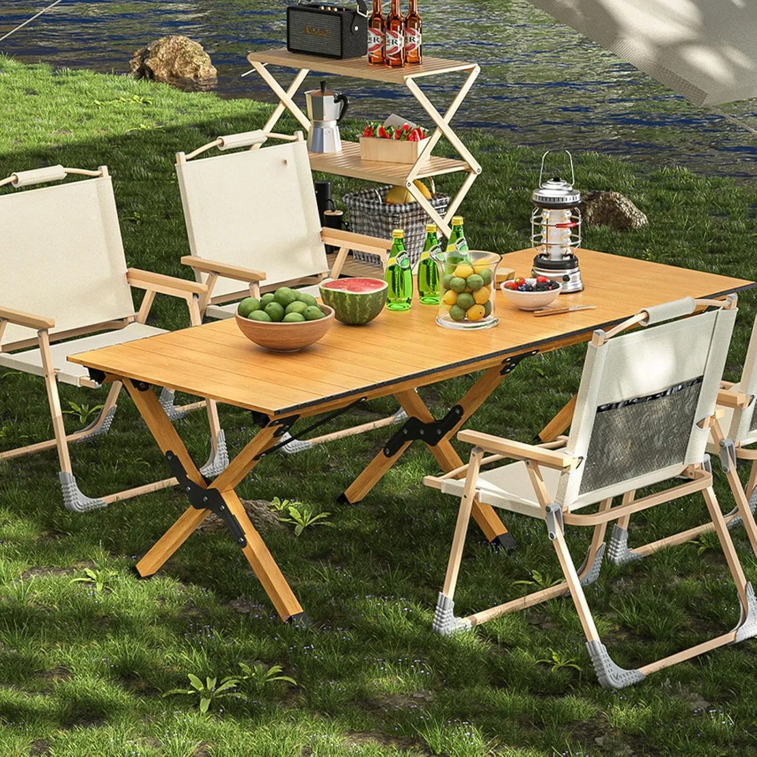 Picnic Table Chair Set of 3 Camping Table Chair with Aluminum Roll-up Backpacking Table and Lawn Chair Portable Folding Furniture for Indoor Outdoor