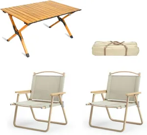 Picnic Table Chair Set of 3 Camping Table Chair with Aluminum Roll-up Backpacking Table and Lawn Chair Portable Folding Furniture for Indoor Outdoor