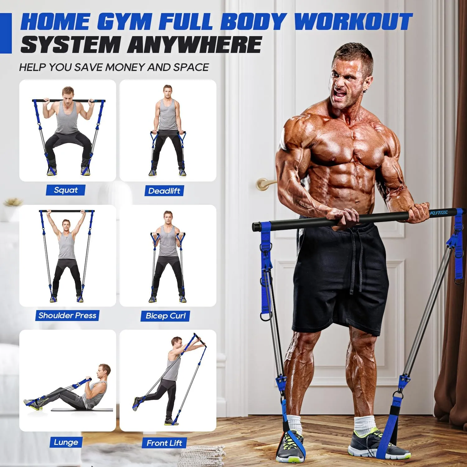 Pilates Bar Kit with Resistance Bands, Heavy Duty Pilates Equipment for Men, Strength Training Bar for Legs, Hip, Waist Back, Arm, Abs, Chest, Shoulders, Portable Home Gym Full Body Workout Equipment