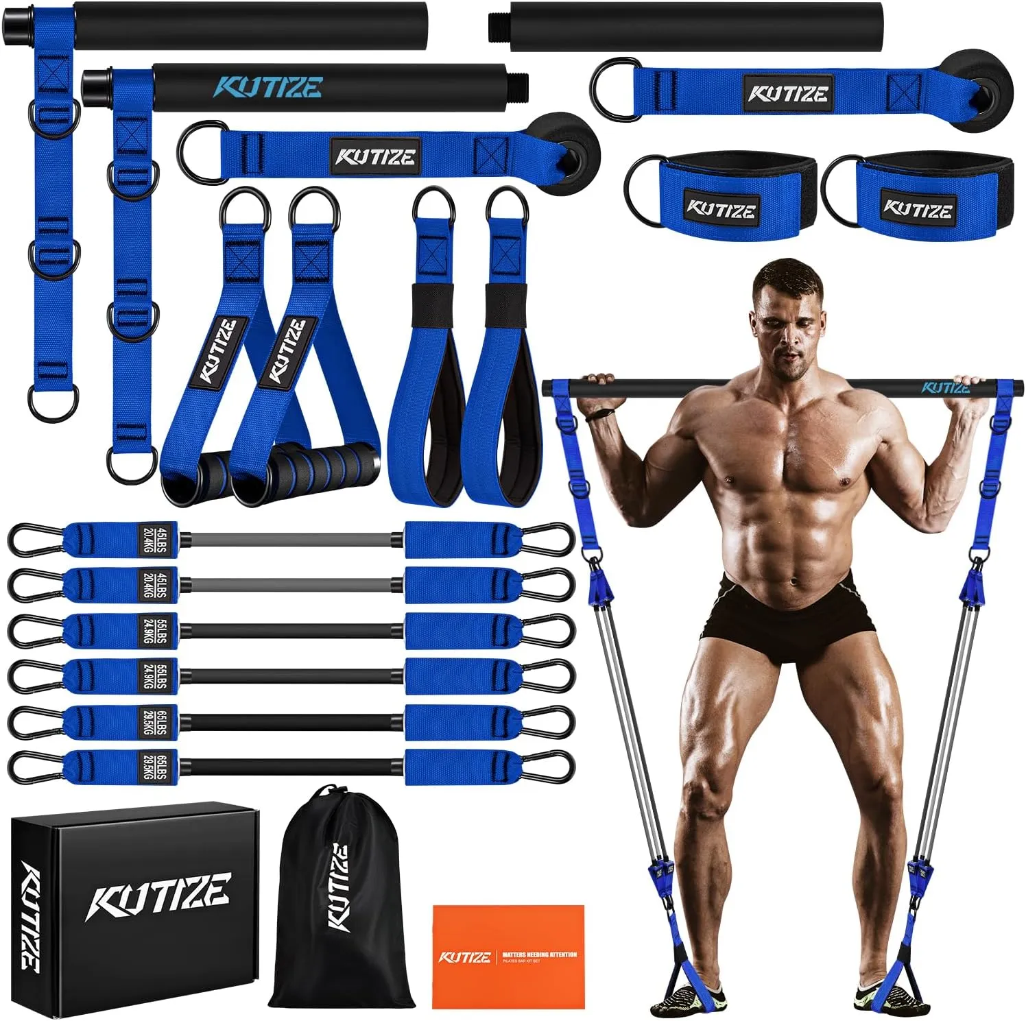 Pilates Bar Kit with Resistance Bands, Heavy Duty Pilates Equipment for Men, Strength Training Bar for Legs, Hip, Waist Back, Arm, Abs, Chest, Shoulders, Portable Home Gym Full Body Workout Equipment