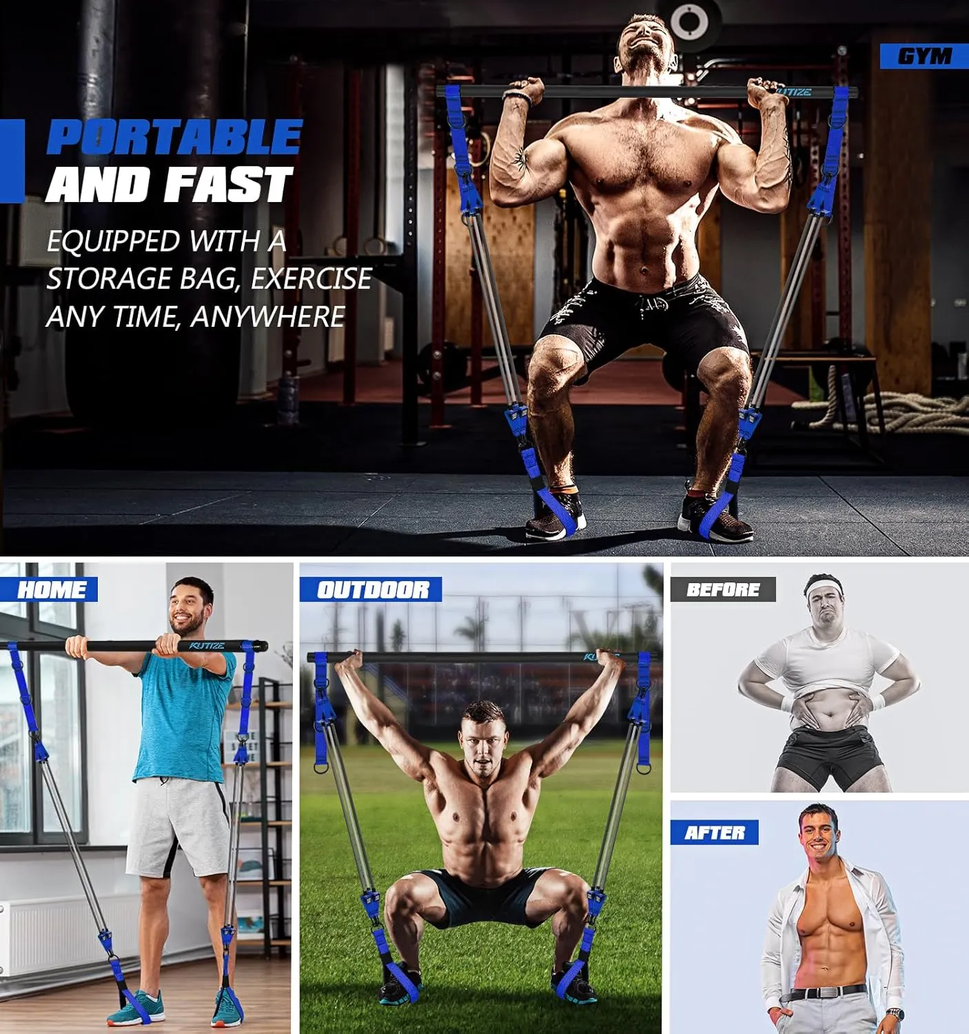 Pilates Bar Kit with Resistance Bands, Heavy Duty Pilates Equipment for Men, Strength Training Bar for Legs, Hip, Waist Back, Arm, Abs, Chest, Shoulders, Portable Home Gym Full Body Workout Equipment