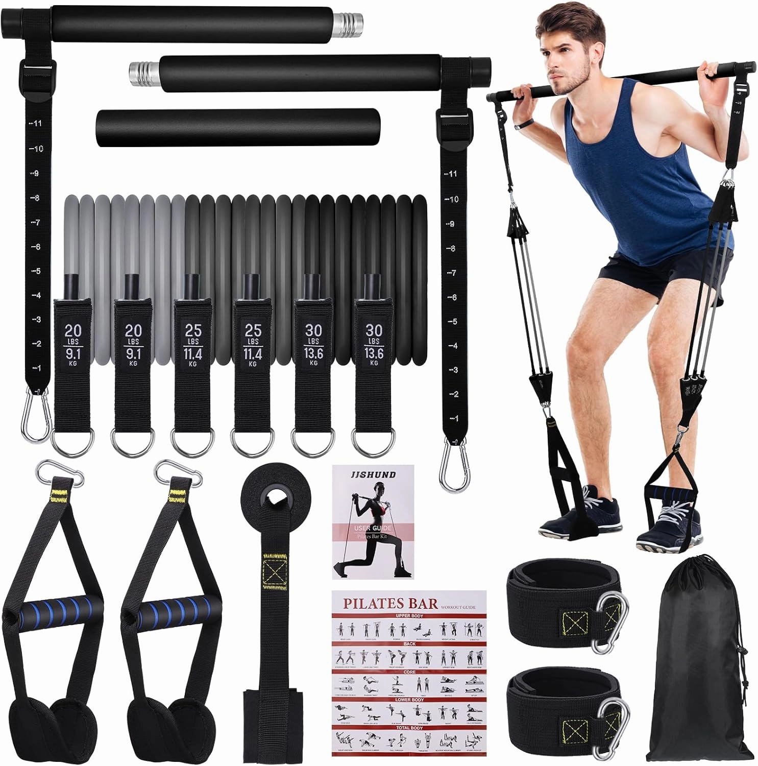 Pilates Bar Kit with 3 Set Resistance Bands, Multifunctional Pilates Workout Equipment for Women Men, Exercise Bands Set for Home Gym Fitness Yoga Strength Training