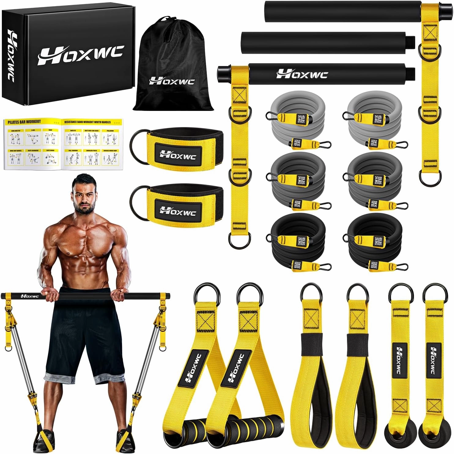 Pilates Equipment, Portable Pilates Bar Kit with Resistance Bands, Professional Adjustable Heavy Duty Squat Workout Equipment for Men, Home Gym Muscle Strength Training, Full Body Exercise Anywhere
