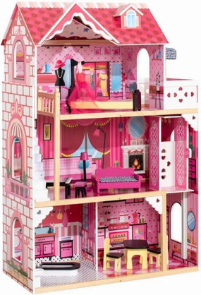 Pink Doll House, Wooden Kids Dollhouse with Balcony & Stairs, Accessories & Furniture Included, Large 3-Story Easy to Assemble Doll House Toy, Gift for Toddler Boys Girls