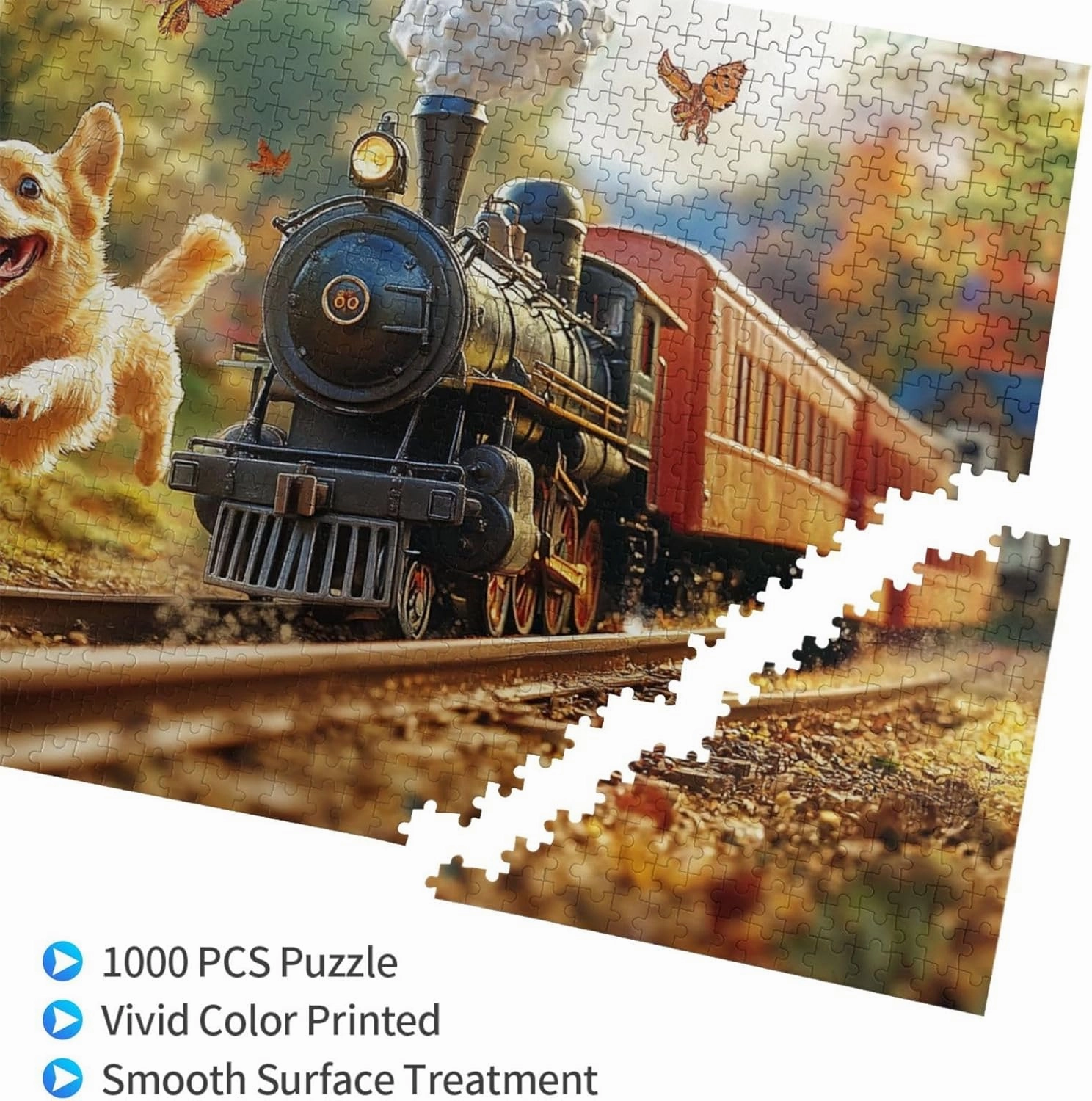 Playful Pup Chasing Vintage Steam Train 1000 pcs Adult Wooden Jigsaw Puzzle,Countryside Adventure Scene,Enjoy The Solving Process,Thought Flight,Unique Adults Artworks,Gifts for Friends