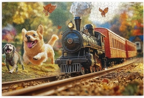 Playful Pup Chasing Vintage Steam Train 1000 pcs Adult Wooden Jigsaw Puzzle,Countryside Adventure Scene,Enjoy The Solving Process,Thought Flight,Unique Adults Artworks,Gifts for Friends