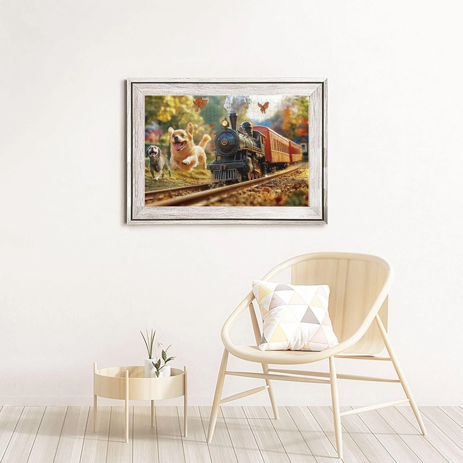 Playful Pup Chasing Vintage Steam Train 1000 pcs Adult Wooden Jigsaw Puzzle,Countryside Adventure Scene,Enjoy The Solving Process,Thought Flight,Unique Adults Artworks,Gifts for Friends
