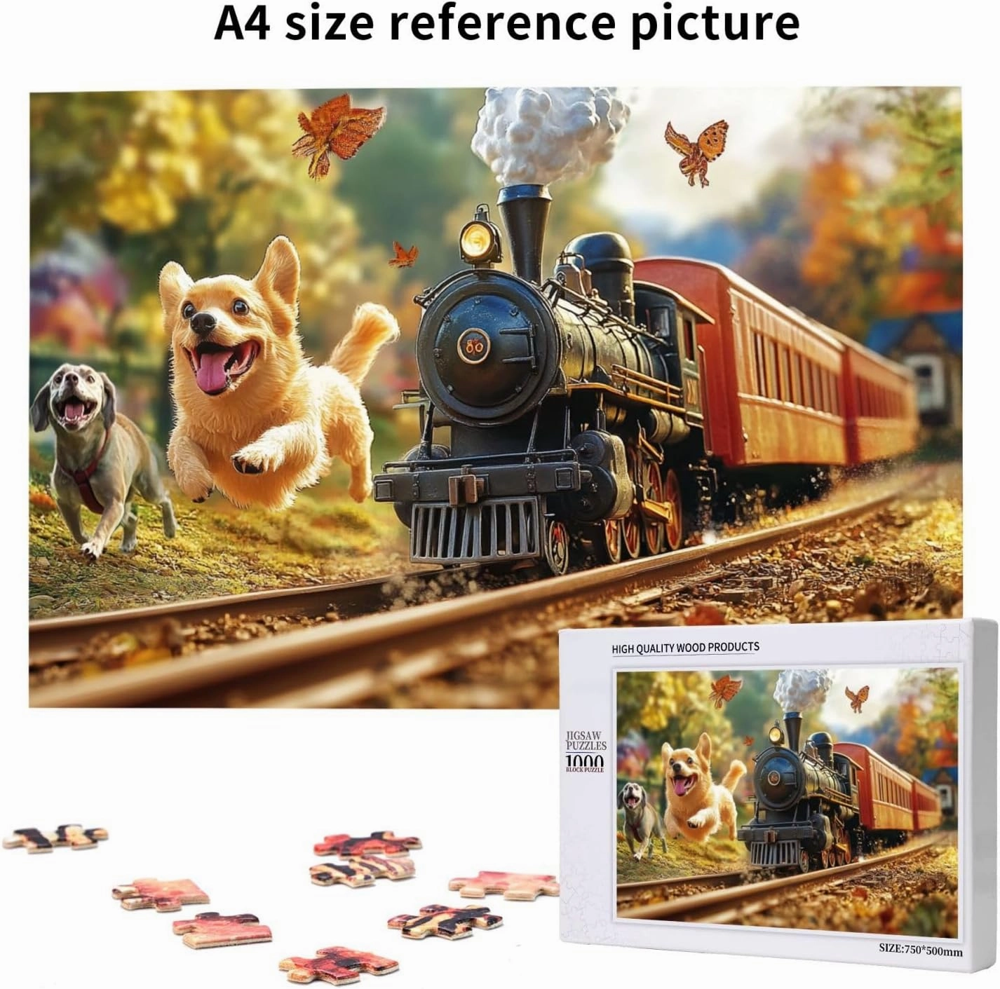 Playful Pup Chasing Vintage Steam Train 1000 pcs Adult Wooden Jigsaw Puzzle,Countryside Adventure Scene,Enjoy The Solving Process,Thought Flight,Unique Adults Artworks,Gifts for Friends