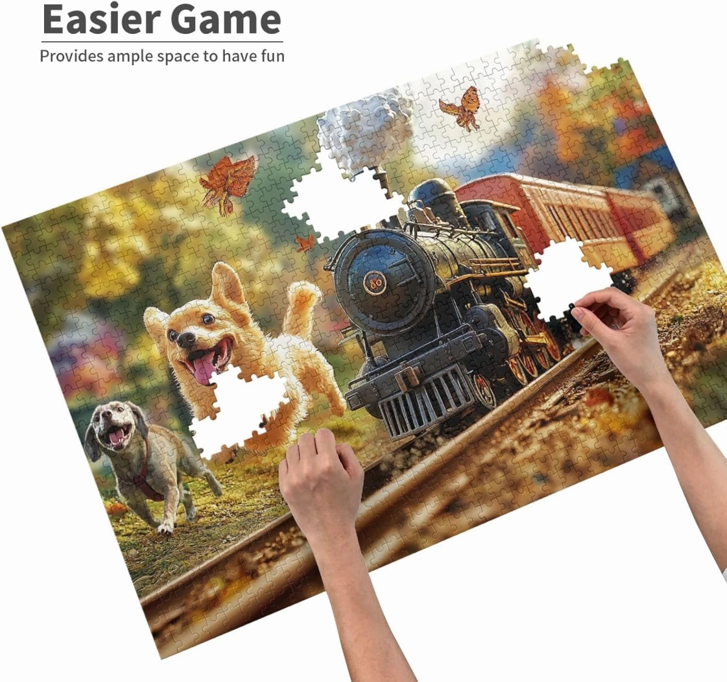 Playful Pup Chasing Vintage Steam Train 1000 pcs Adult Wooden Jigsaw Puzzle,Countryside Adventure Scene,Enjoy The Solving Process,Thought Flight,Unique Adults Artworks,Gifts for Friends
