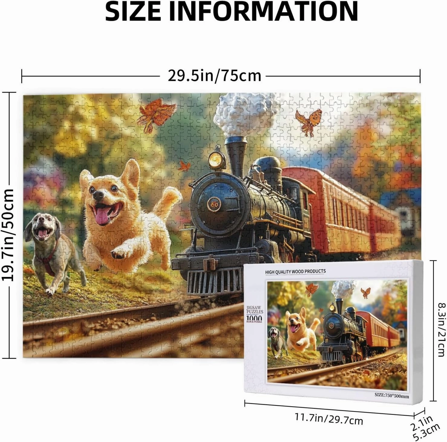 Playful Pup Chasing Vintage Steam Train 1000 pcs Adult Wooden Jigsaw Puzzle,Countryside Adventure Scene,Enjoy The Solving Process,Thought Flight,Unique Adults Artworks,Gifts for Friends