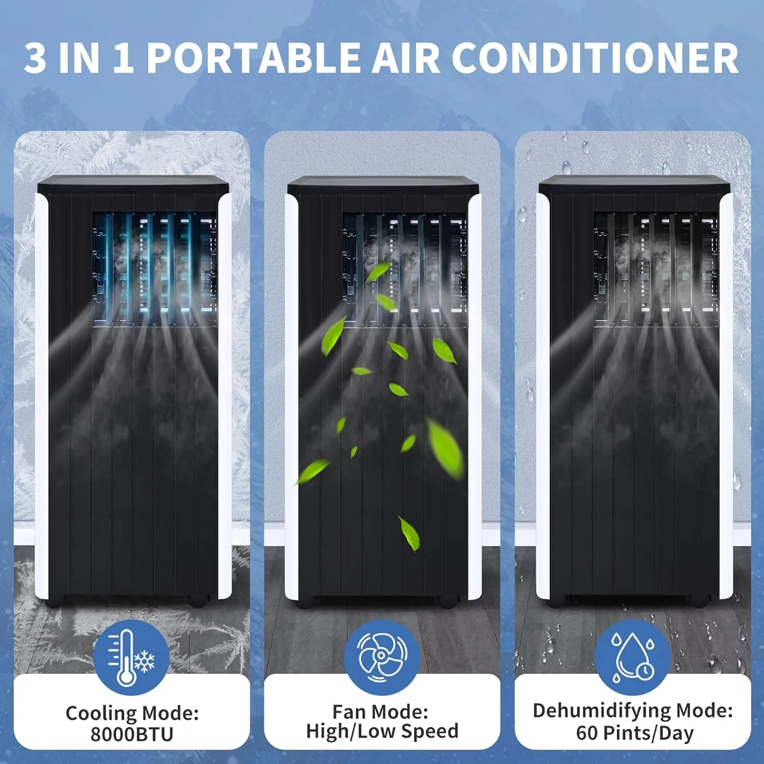 Portable Air Conditioner for Room up to 350 sq.ft, 8,000 BTU A/C Unit with Dehumidifier and Cooling Fan with 2 Speeds, 24-Hour Timer, Sleep Mode, Remote Control, Window Installation Kit