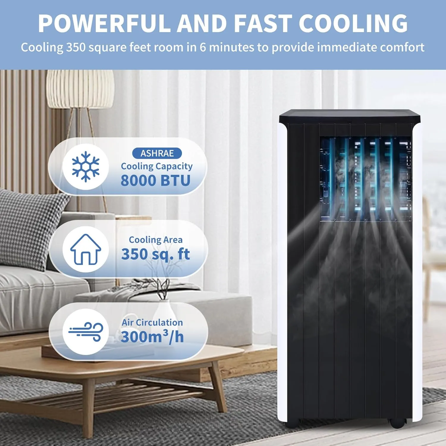 Portable Air Conditioner for Room up to 350 sq.ft, 8,000 BTU A/C Unit with Dehumidifier and Cooling Fan with 2 Speeds, 24-Hour Timer, Sleep Mode, Remote Control, Window Installation Kit