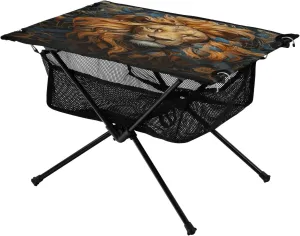 Portable Camping Table Foldable with Mesh Storage Lightweight Compact Camp Tent Side Table for Outside,Camping,Hiking,Tailgating,Lion