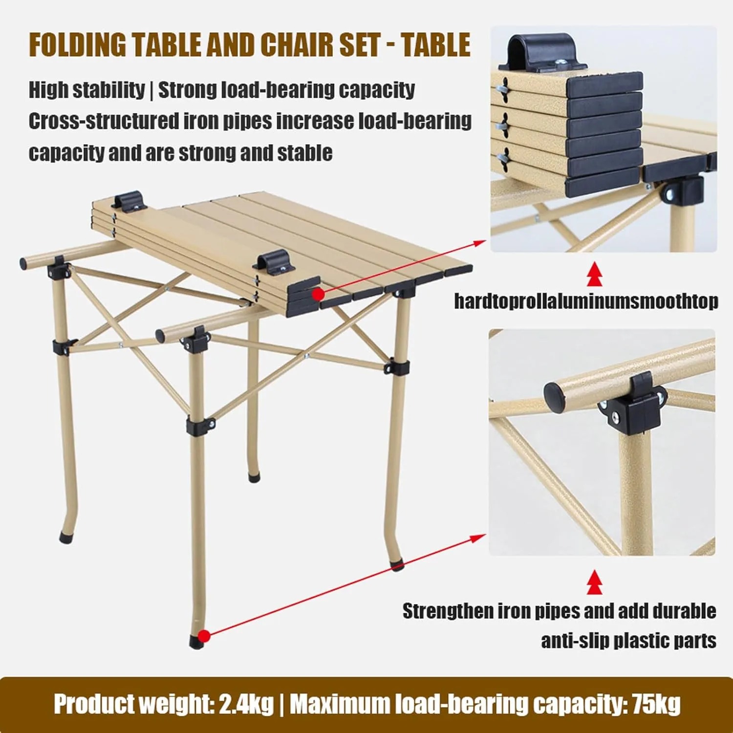 Portable Folding Picnic Table and Chairs, Lightweight Camp Table with Aluminum Roll-up Top, 600D Oxford Cloth Camp Chair, Easy Set Up