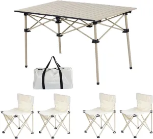 Portable Folding Picnic Table and Chairs, Lightweight Camp Table with Aluminum Roll-up Top, 600D Oxford Cloth Camp Chair, Easy Set Up