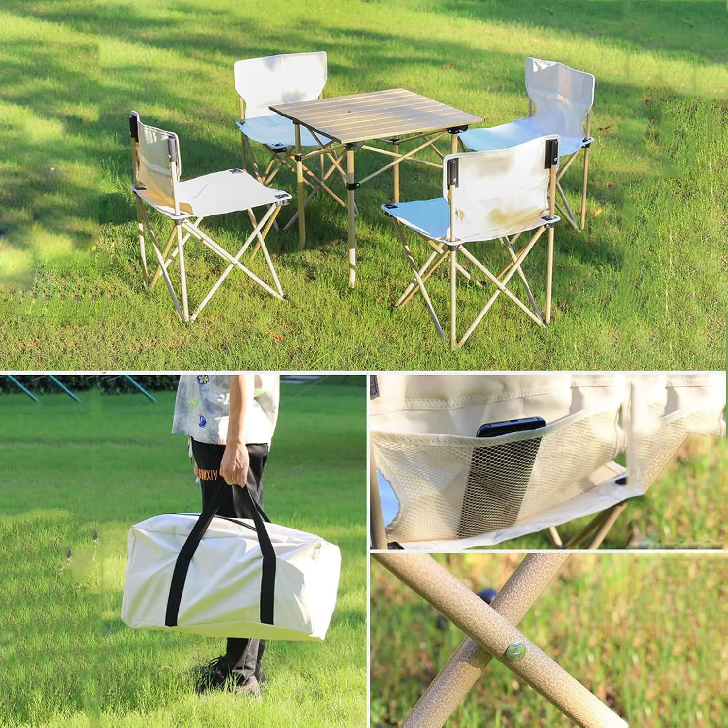 Portable Folding Picnic Table and Chairs, Lightweight Camp Table with Aluminum Roll-up Top, 600D Oxford Cloth Camp Chair, Easy Set Up