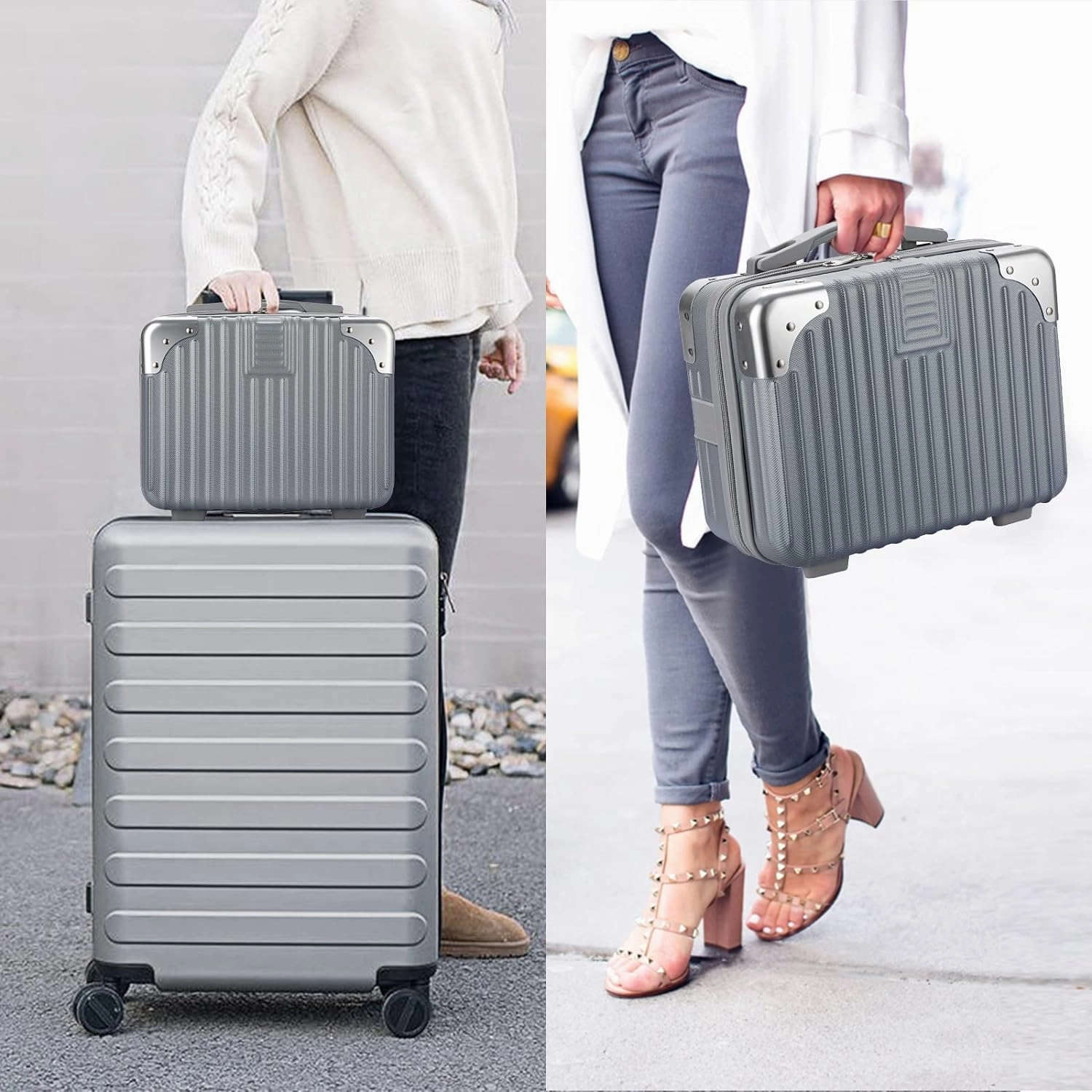 Portable Hard Shell Cosmetic Travel Case, Small Travel Hand Luggage with Elastic Band, Mini ABS Carrying Makeup Case Suitcase, Silver