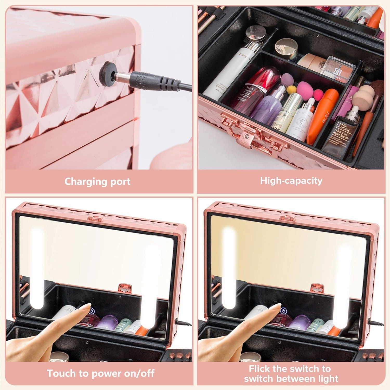 Portable Makeup Case with LED Mirror, Large Travel Makeup Bag with Locks & Brush Holder, Cosmetic Organizer Box with Dividers, Rechargeable (Pink)