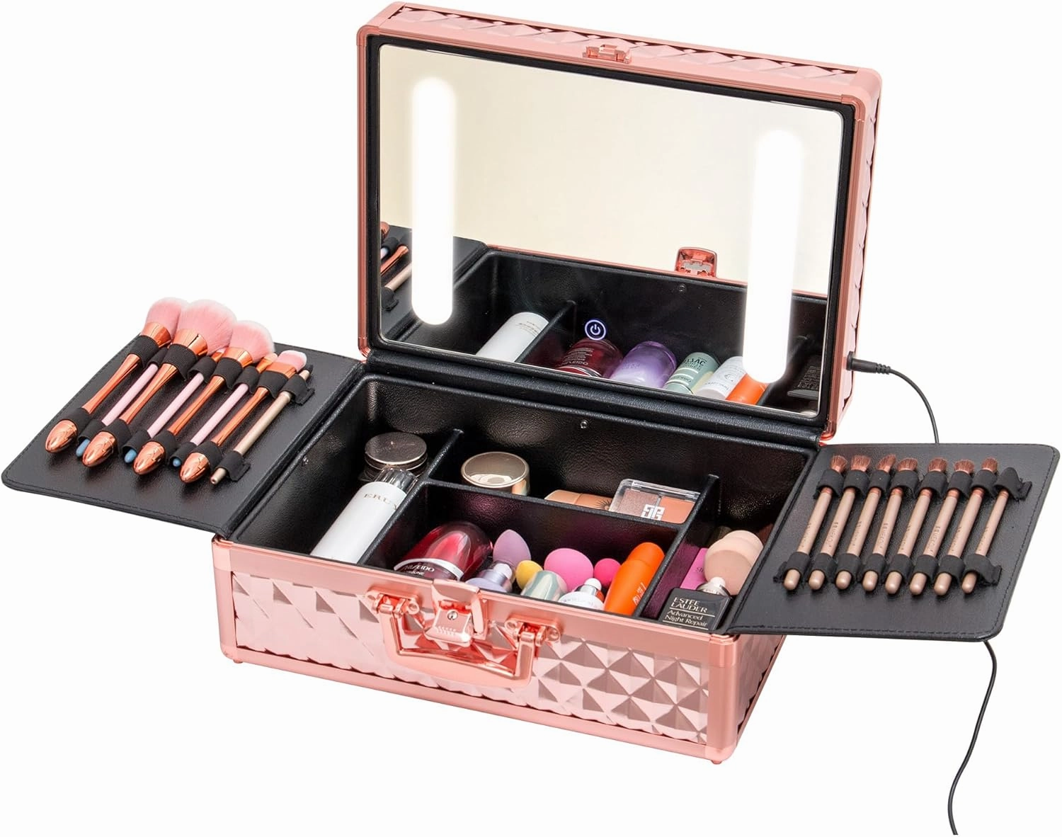 Portable Makeup Case with LED Mirror, Large Travel Makeup Bag with Locks & Brush Holder, Cosmetic Organizer Box with Dividers, Rechargeable (Pink)