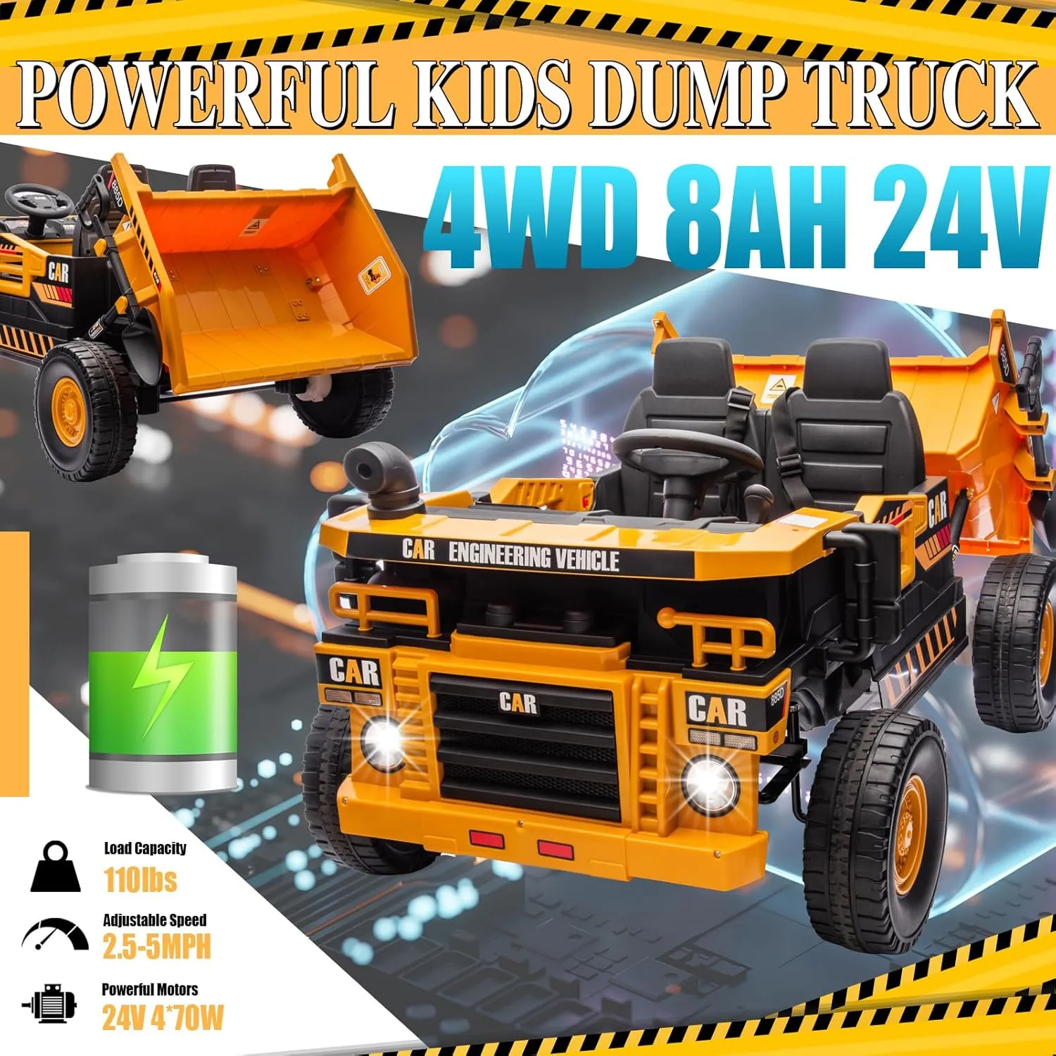 POSTACK XL 24V Ride on Dump Truck Toy, Ride on Construction Vehicles w/Electric Dump Bed, 4WD Kids Electric Car with Remote Control and Shovel, 4x70W Powerful Motors, Yellow