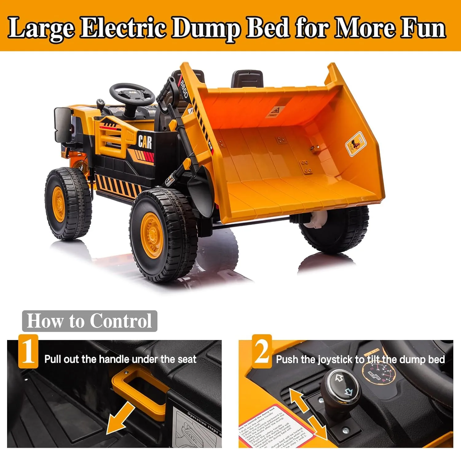 POSTACK XL 24V Ride on Dump Truck Toy, Ride on Construction Vehicles w/Electric Dump Bed, 4WD Kids Electric Car with Remote Control and Shovel, 4x70W Powerful Motors, Yellow